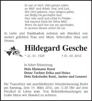 Traueranzeige von Hildegard Gesche von Märkische Oderzeitung