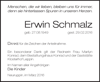 Traueranzeige von Erwin Schmalz von Märkische Oderzeitung