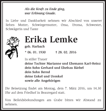 Traueranzeige von Erika Lemke von Märkische Oderzeitung