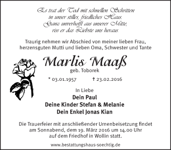 Traueranzeige von Marlis Maaß von Märkische Oderzeitung
