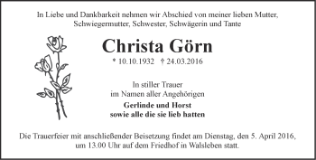 Traueranzeige von Christa Görn von Märkische Oderzeitung