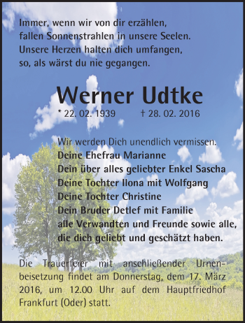 Traueranzeige von Werner Udtke von Märkische Oderzeitung