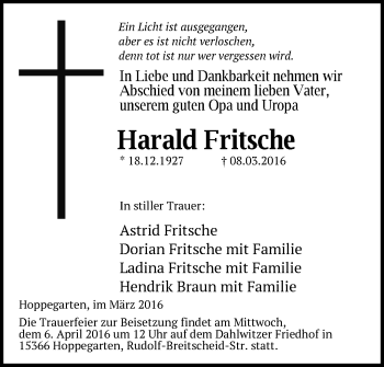 Traueranzeige von Harald Fritsche von Märkische Oderzeitung