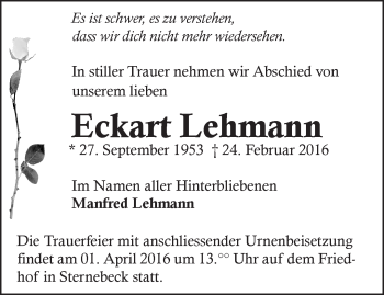 Traueranzeige von Eckart Lehmann von Märkische Oderzeitung