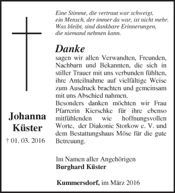 Traueranzeige von Johanna Küster von Märkische Oderzeitung