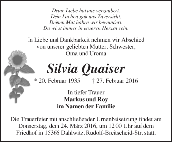 Traueranzeige von Silvia Quaiser von Märkische Oderzeitung