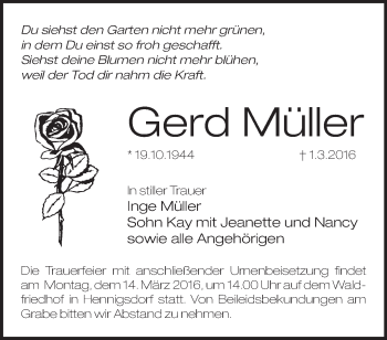 Traueranzeige von Gerd Müller von Märkische Oderzeitung