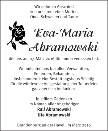 Traueranzeige von Eva-Maria Abramowski von Märkische Oderzeitung