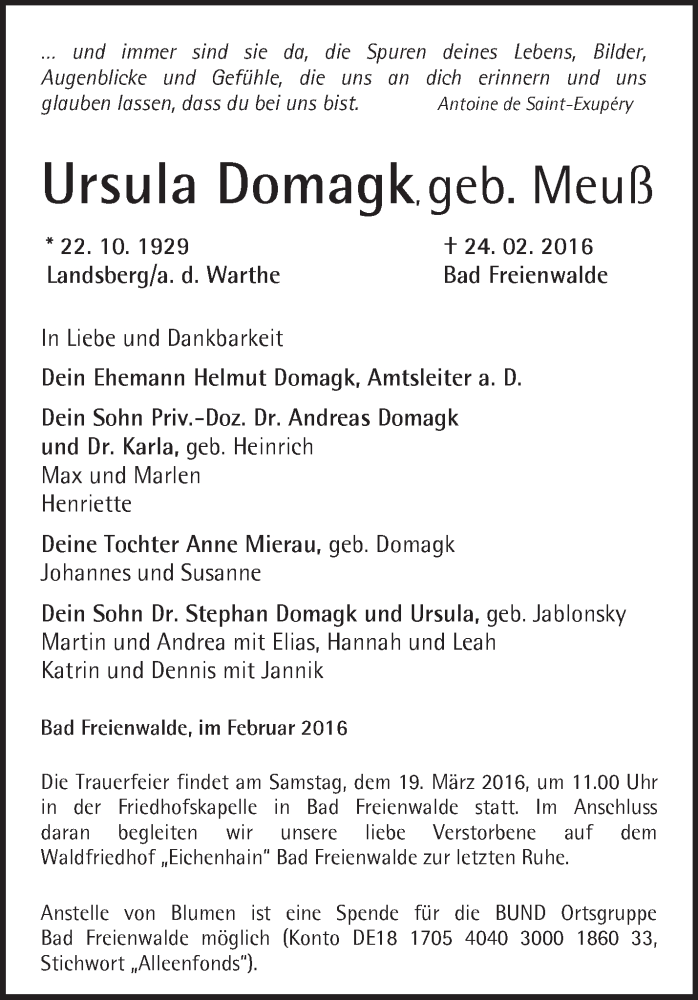  Traueranzeige für Ursula Domagk vom 05.03.2016 aus Märkische Oderzeitung