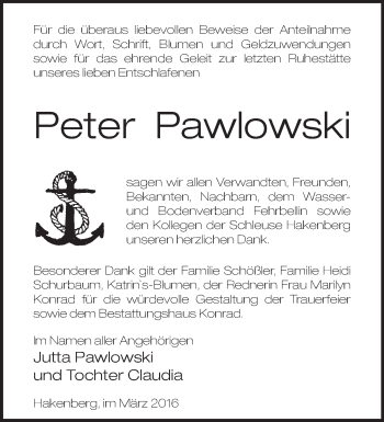 Traueranzeige von Peter Pawlowski von Märkische Oderzeitung