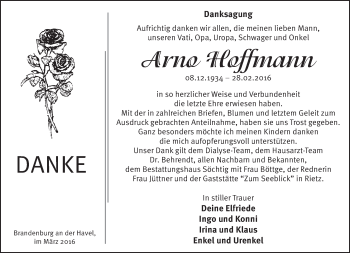 Traueranzeige von Arno Hoffmann von Märkische Oderzeitung