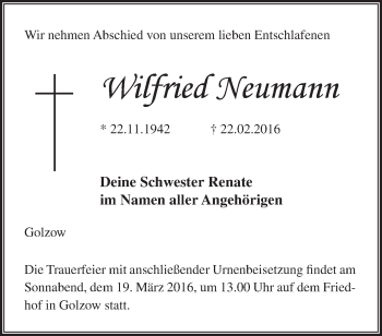 Traueranzeige von Wilfried Neumann von Märkische Oderzeitung