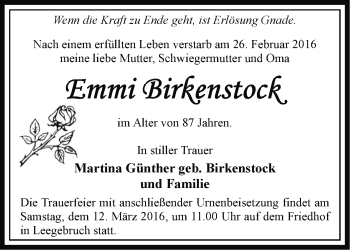 Traueranzeige von Emmi Birkenstock von Märkische Oderzeitung