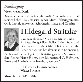 Traueranzeige von Hildegard Stritzke von Märkische Oderzeitung