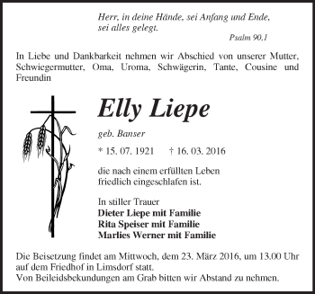 Traueranzeige von Elly Liepe von Märkische Oderzeitung