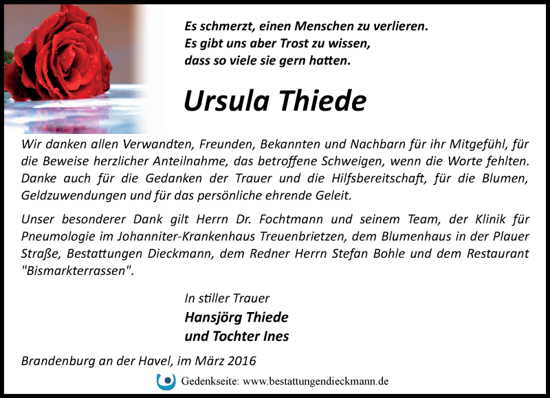  Traueranzeige für Ursula Thiede vom 13.03.2016 aus Märkische Oderzeitung