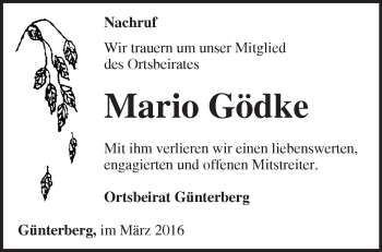 Traueranzeige von Mario Gödke von Märkische Oderzeitung