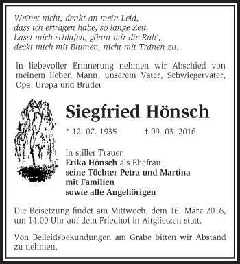 Traueranzeige von Siegfried Hönsch von Märkische Oderzeitung