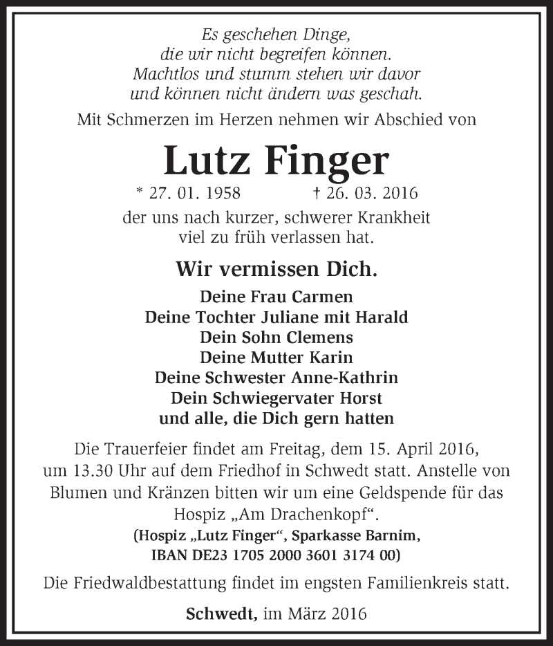  Traueranzeige für Lutz Finger vom 31.03.2016 aus Märkische Oderzeitung