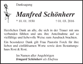 Traueranzeige von Manfred Schönherr von Märkische Oderzeitung