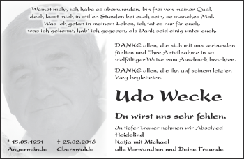 Traueranzeige von Udo Wecke von Märkische Oderzeitung