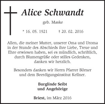 Traueranzeige von Alice Schwandt von Märkische Oderzeitung