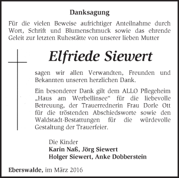 Traueranzeige von Elfriede Siewert von Märkische Oderzeitung