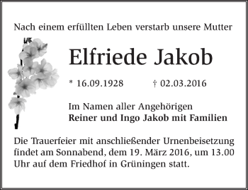 Traueranzeige von Elfriede Jakob von Märkische Oderzeitung