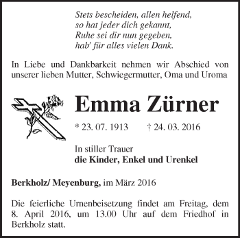 Traueranzeige von Emma Zürner von Märkische Oderzeitung