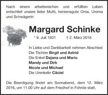 Traueranzeige von Margard Schinke von Märkische Oderzeitung