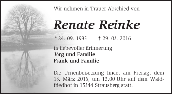 Traueranzeige von Renate Reinke von Märkische Oderzeitung