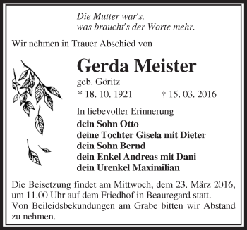 Traueranzeige von Gerda Meister von Märkische Oderzeitung