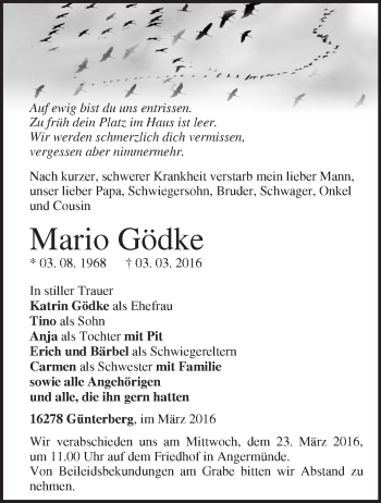 Traueranzeige von Mario Gödke von Märkische Oderzeitung