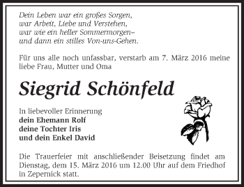 Traueranzeige von Siegrid Schönfeld von Märkische Oderzeitung