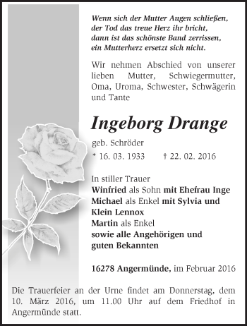 Traueranzeige von Ingeborg Drange von Märkische Oderzeitung