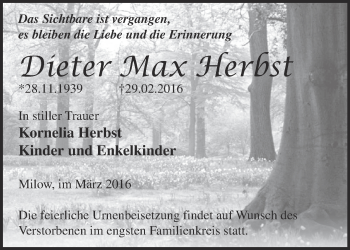 Traueranzeige von Dieter Max Herbst von Märkische Oderzeitung