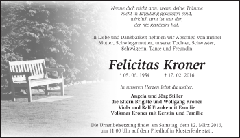 Traueranzeige von Felicitas Kroner von Märkische Oderzeitung