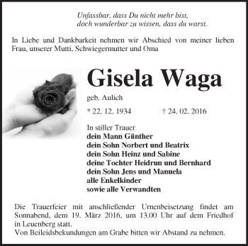 Traueranzeige von Gisela Waga von Märkische Oderzeitung