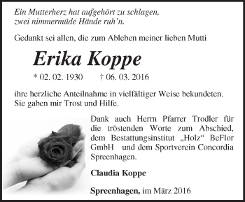 Traueranzeige von Erika Koppe von Märkische Oderzeitung