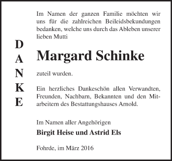 Traueranzeige von Margard Schinke von Märkische Oderzeitung