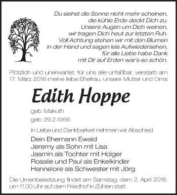 Traueranzeige von Edith Hoppe von Märkische Oderzeitung