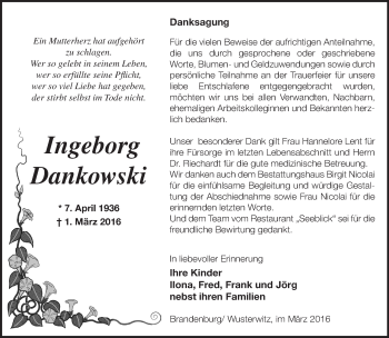 Traueranzeige von Ingeborg Dankowski von Märkische Oderzeitung