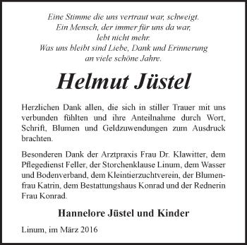 Traueranzeige von Helmut Jüstel von Märkische Oderzeitung