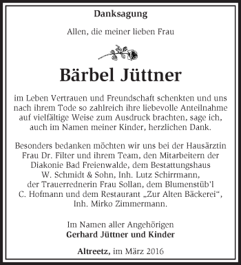 Traueranzeige von Bärbel Jüttner von Märkische Oderzeitung