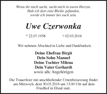 Traueranzeige von Uwe Czerwonka von Märkische Oderzeitung