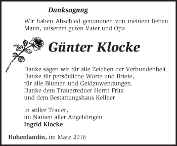 Traueranzeige von Günter Klocke von Märkische Oderzeitung