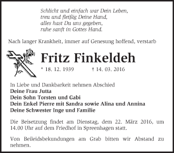 Traueranzeige von Fritz Finkeldeh von Märkische Oderzeitung