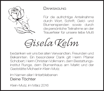 Traueranzeige von Gisela Kelm von Märkische Oderzeitung