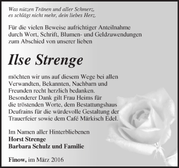 Traueranzeige von Ilse Strenge von Märkische Oderzeitung