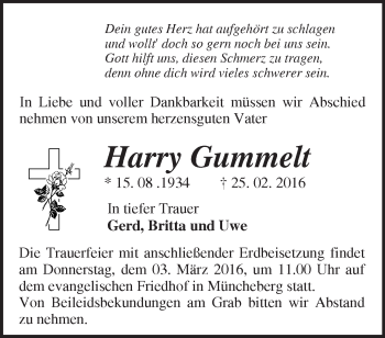 Traueranzeige von Harry Gummelt von Märkische Oderzeitung